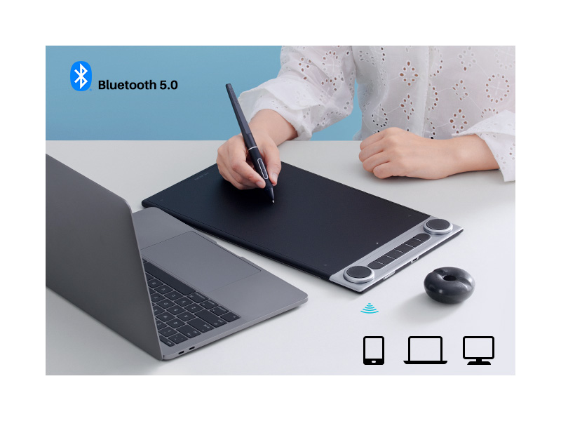 You can connect the graphics tablet via Bluetooth or included USB-C cable.