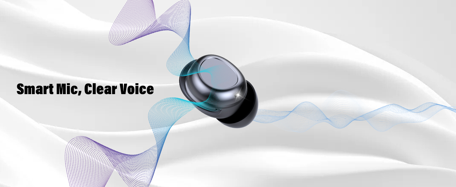 Text reads 'Smart Mic, Clear Voice'. Illustration showing wireless earbud with purple and blue sound waves indicating voice clarity technology.