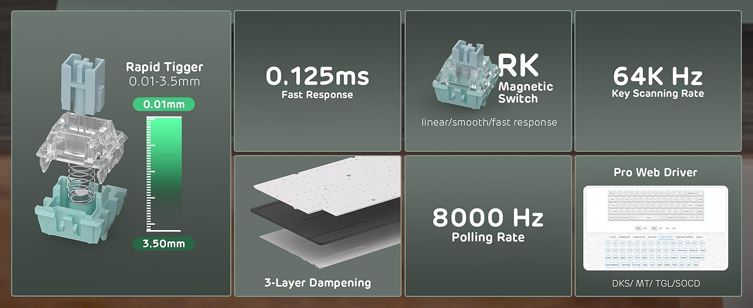 Magetic switch, hot swap, 3-layer dampening, PBT Keycaps, 8K HZ polling rate