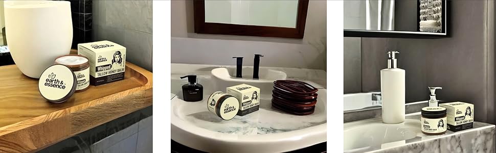 Collection of bathroom toiletry products displayed in three different settings - wooden shelf, bathroom counter, and sink area.