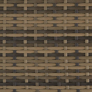 Gros plan d'un matériau tissé avec des lattes de bois imbriquées dans différentes nuances de brun, créant un motif semblable à un panier