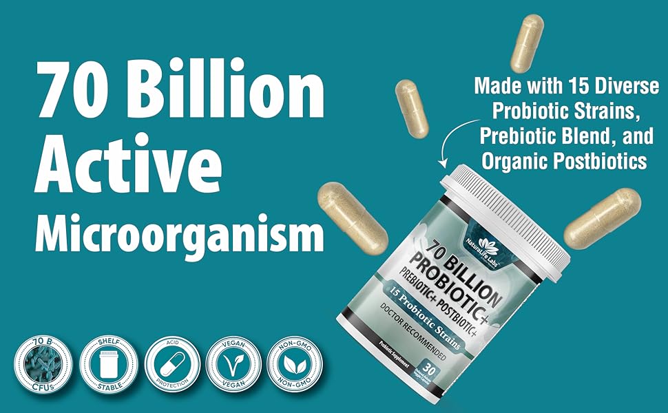 Probiotics 70 Billion CFU 15 Probiotic strains + Organic Prebiotic+ Postbiotic 3