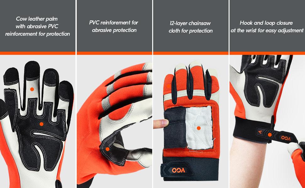 Vgo Chainsaw Gloves, 12Layer Saw Protection, Cow Leather Work Gloves