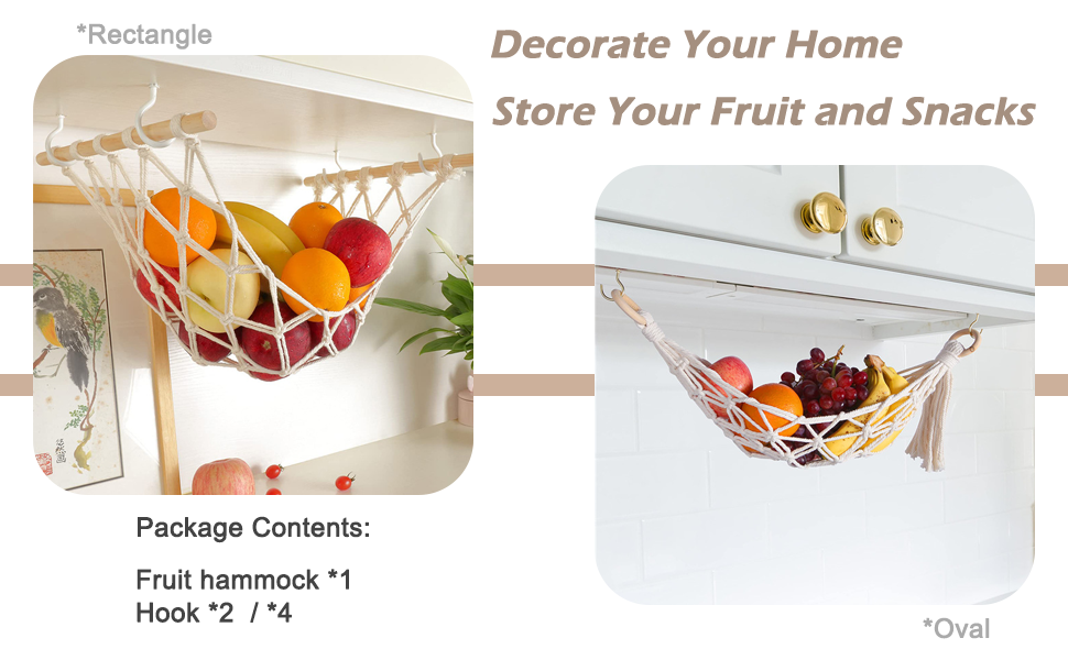 Hanging Fruit Hammock with Hooks, Hanging Fruit Basket Under the Kitchen Cabinet for Storing Banana Fruits, Hand-Woven Lace Hanging Basket for Kitchen Décor, Rectangle 14 Hanging Fruit Hammock