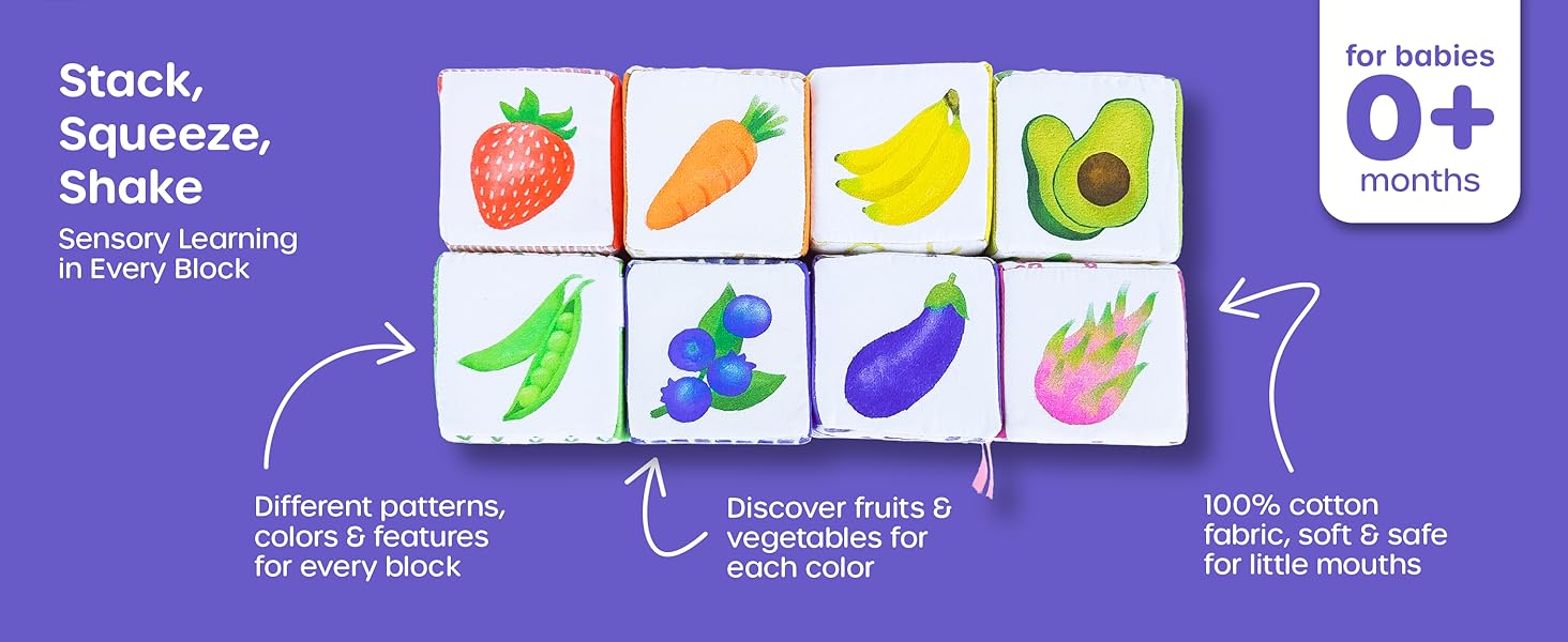 8 pieces Soft Fabric Blocks for Babies 0+ months 