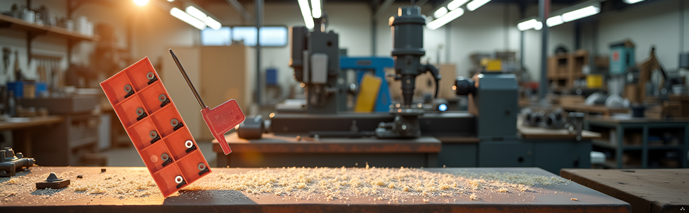 A workshop table with various metalworking tools and a product box in the center.