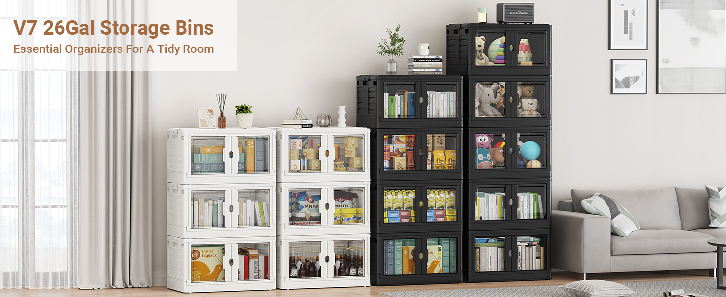 Black & White Collapsible Folding Storage Bins Were Stacked as Storage Cabinets in Living Room V7
