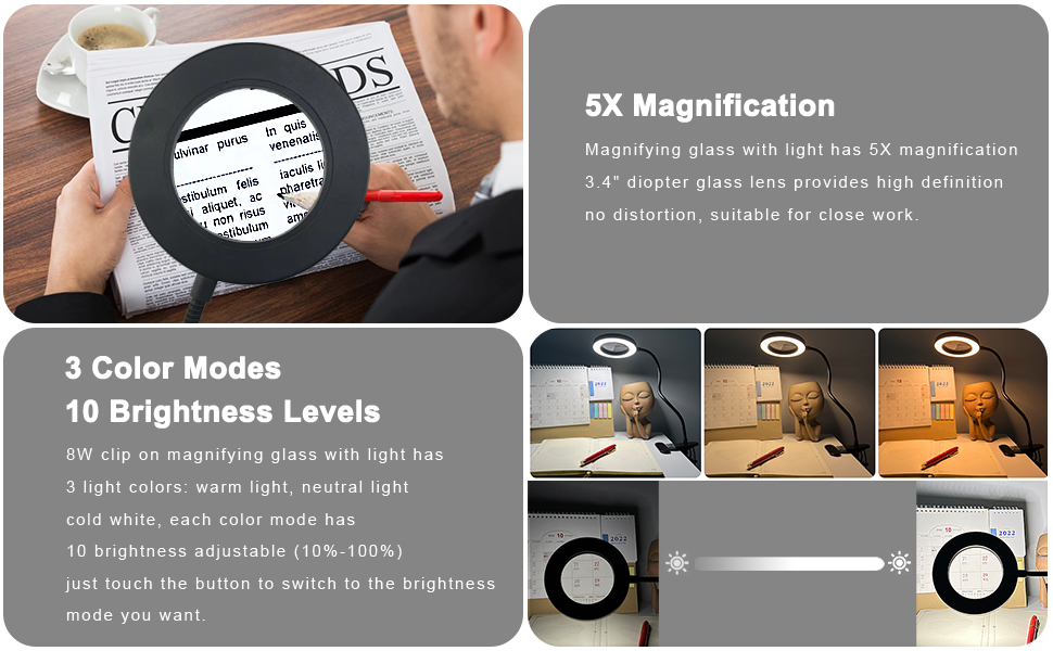5X Clip on Magnifying Glass with Light, 8W EyeCaring LED Magnifying