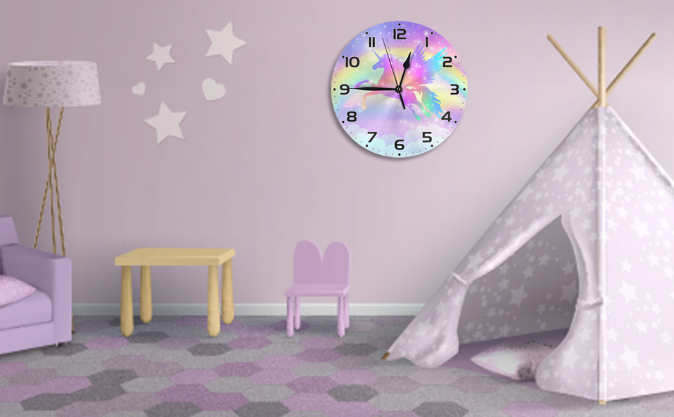 Fovanxixi Colorful Rainbow Unicorn Wall Clock Silent Non