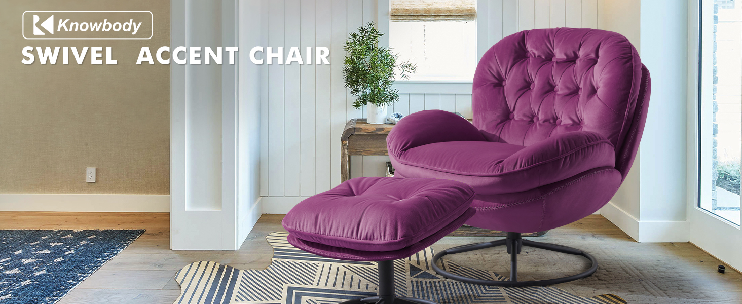 K Knowbody Swivel Accent Chair with Ottoman，Velvet Reading