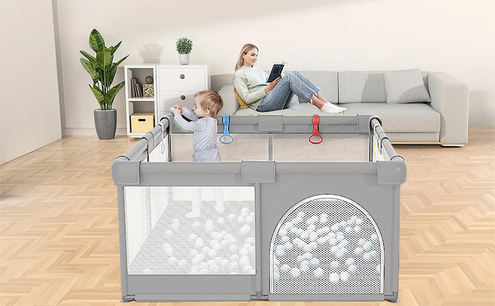 MAYQMAY Baby Playpen, 63"x63" Large Baby Play Yard for Toddler, BPA