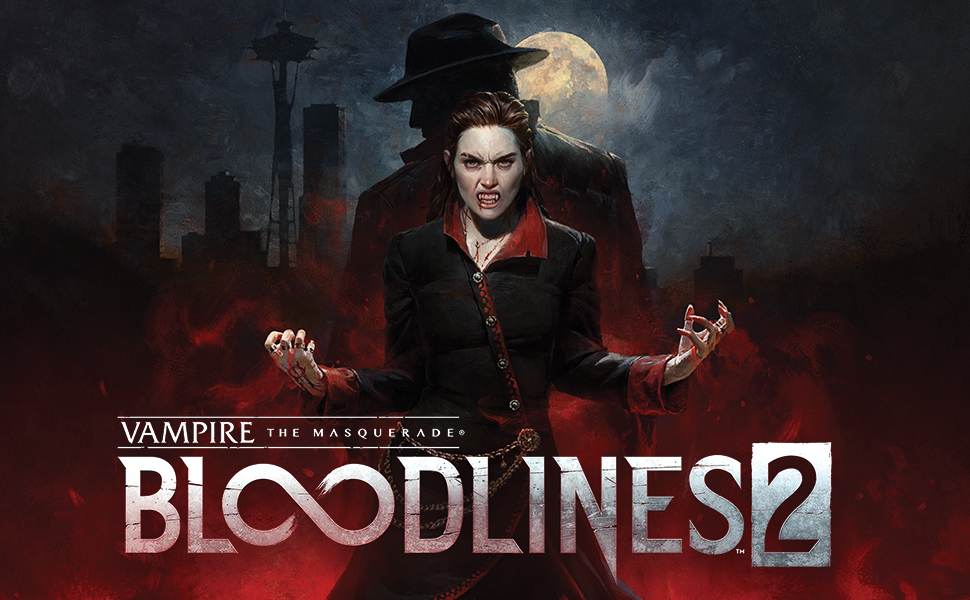 Text reads 'VAMPIRE THE MASQUERADE BLOODLINE 2'. Dark atmospheric gaming promotional image featuring gothic character in dramatic pose against foggy background.