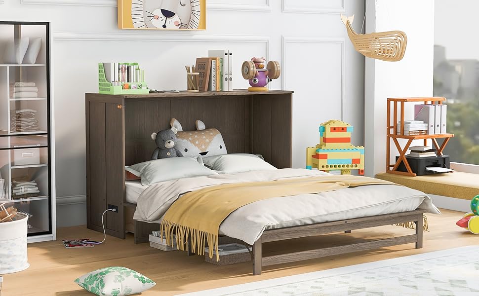 Murphy Bed with Builtin Charging Station, Antique Grey