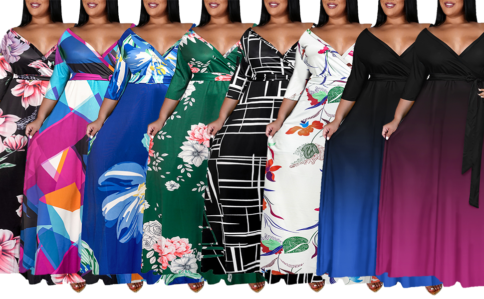 Runwind Plus Size Maxi Dress for Women Floral Print 3/4 Sleeve Casual