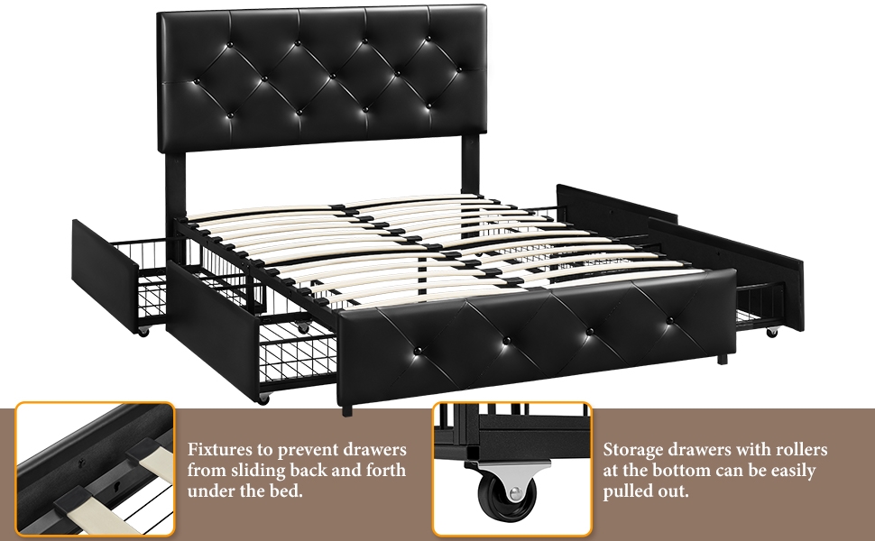 Black tufted platform bed frame with built-in storage drawers, featuring roller wheels and safety fixtures for drawer stability.