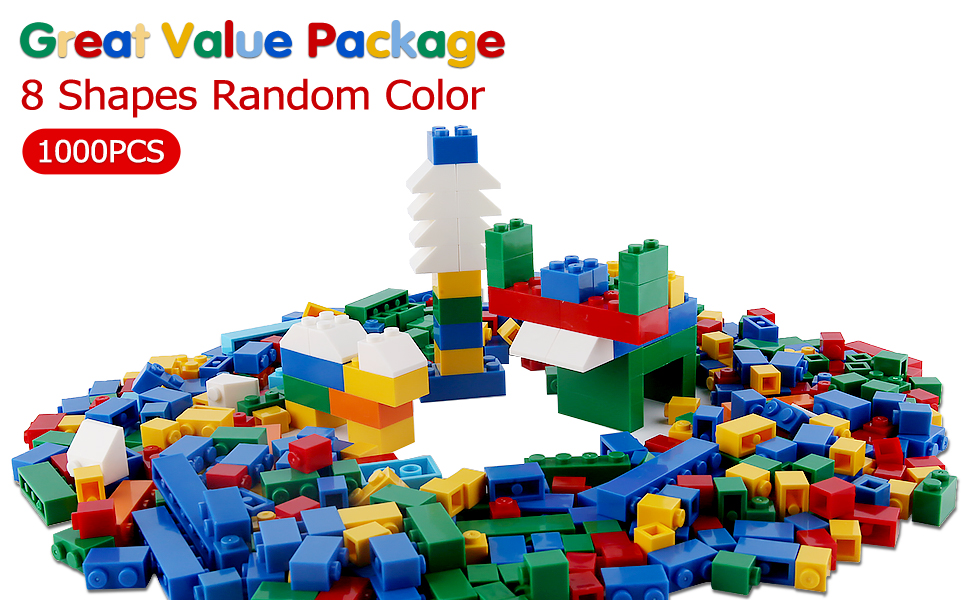 CHAIN PEAK Building Bricks 1000 Pieces, Basic Building Blocks with Random Colors, 8 Shapes