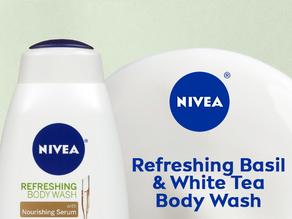NIVEA Refreshing Basil & White Tea Body Wash infused with nourishing serum, plant-derived oils