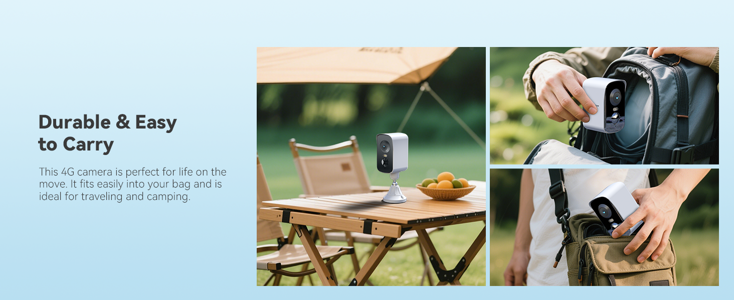 Collage showing portable black and silver coffee maker on outdoor wooden table and being carried in bag, emphasizing durability and ease of transport for camping or travel use.
