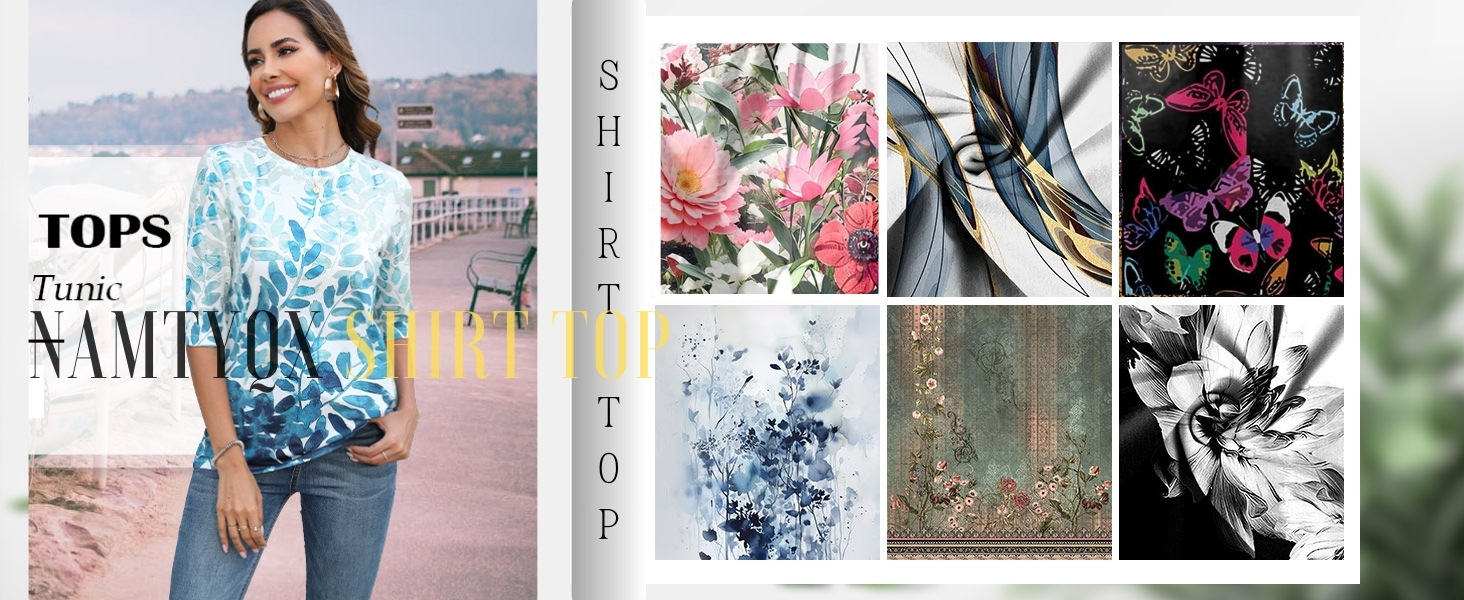 JXKIKOZE Summer Shirts for Women 3/4 Length Sleeve Crewneck Tops Trendy Loose Casual Print Cute Top