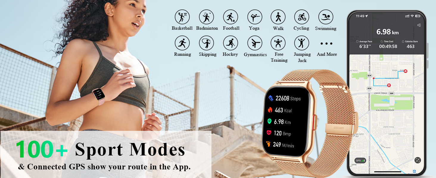 Smartwatch with gold mesh band, displaying fitness tracking features. Smartphone shows companion app with 100+ sport modes and GPS tracking capabilities.