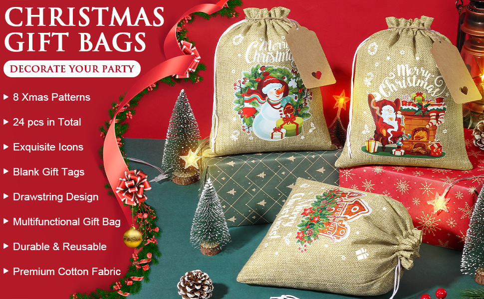 24Pcs Christmas Burlap Gift Bags with Drawstring, 8x10in