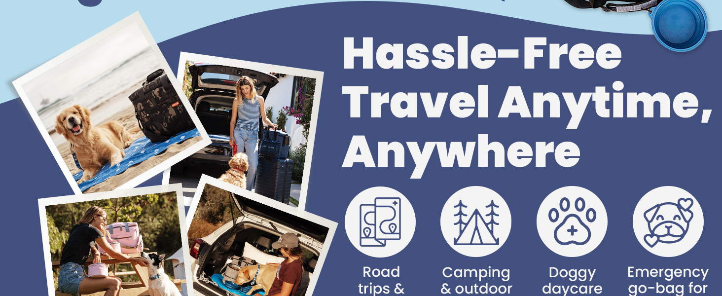 Collage of dog bags for traveling with pets on beach, camping, and road trips using dog gear.