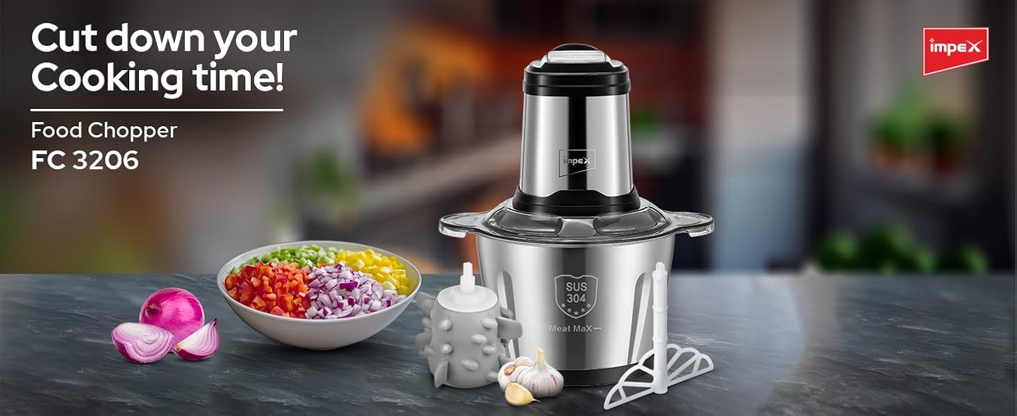 Impex Electric Food Chopper 3Ltr Food Processor Blender 400W, 3Speed Adjustable, Meat Grinder, Stainless Steel Body And 6Pcs Blade,Multi Food Chopper For Meat,Vegetables,Fruits,Nuts -2Years Warranty 17 Food Chopper
