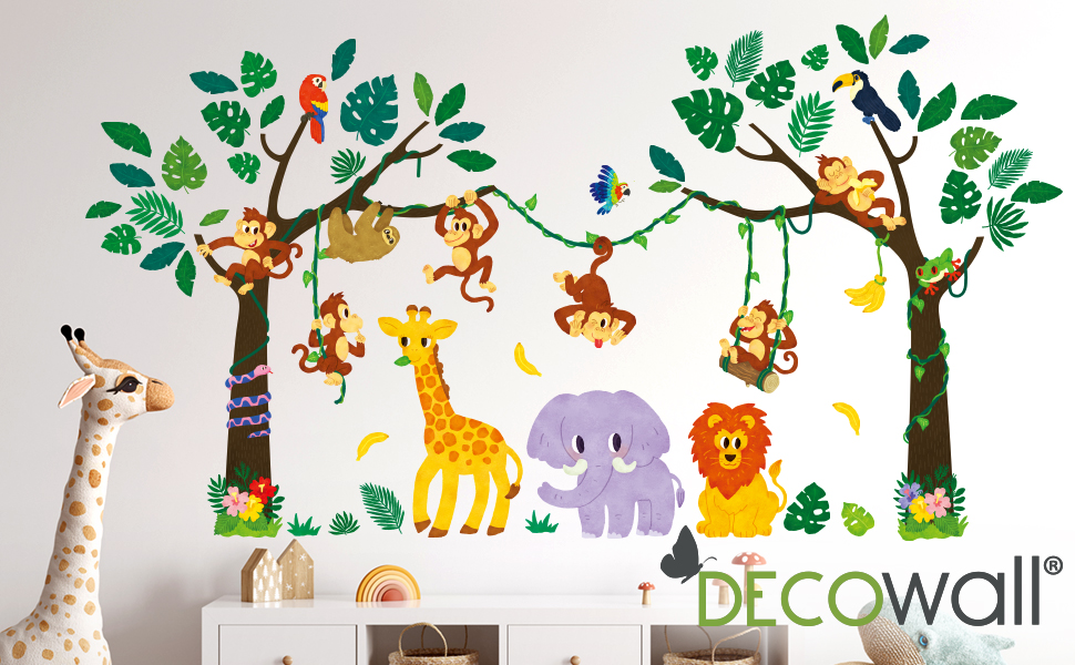 DECOWALL SG2209 Jungle Animals and Tree Wall Decals Stickers Leaf Tropical Baby