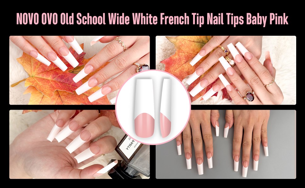 Old School Wide White French Tip Nail Tips Baby Pink