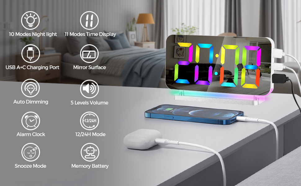 Sukeen Alarm Clock, 7.4" LED Digital Clock, Mirror Clock with 11 Colors