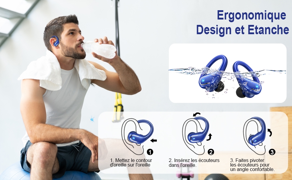 bleus au design ergonomique, illustrés à côté des instructions d'utilisation. L'image montre une personne buvant dans une bouteille d'eau, ce qui suggère que les écouteurs sont étanches