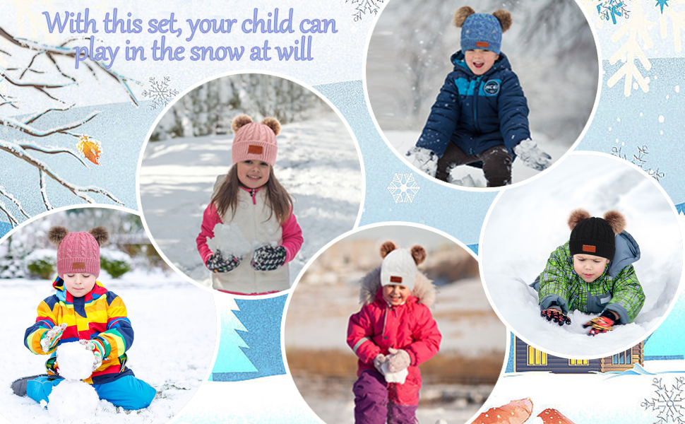 Collage of children playing in snow, wearing winter clothing. Text reads 'With this set, your child can play in the snow at will'.