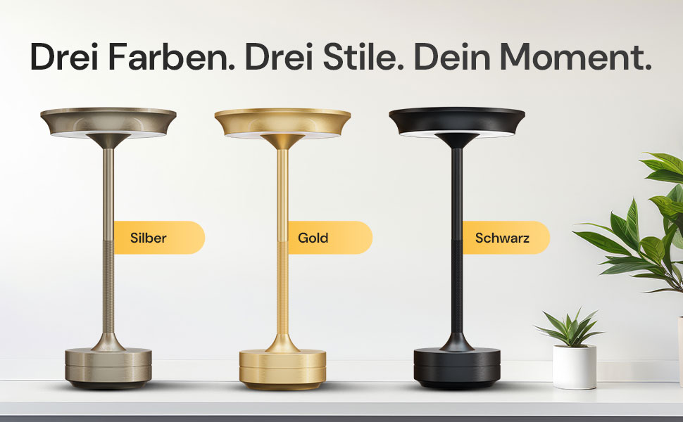 Der Text lautet „Drei Farben. Drei Stile. Dein Moment. ' Produktdisplay mit drei identischen Lampen oder Leuchten in unterschiedlichen Ausführungen: Silber, Gold und Schwarz. Mit minimalem Dekor gestylt.