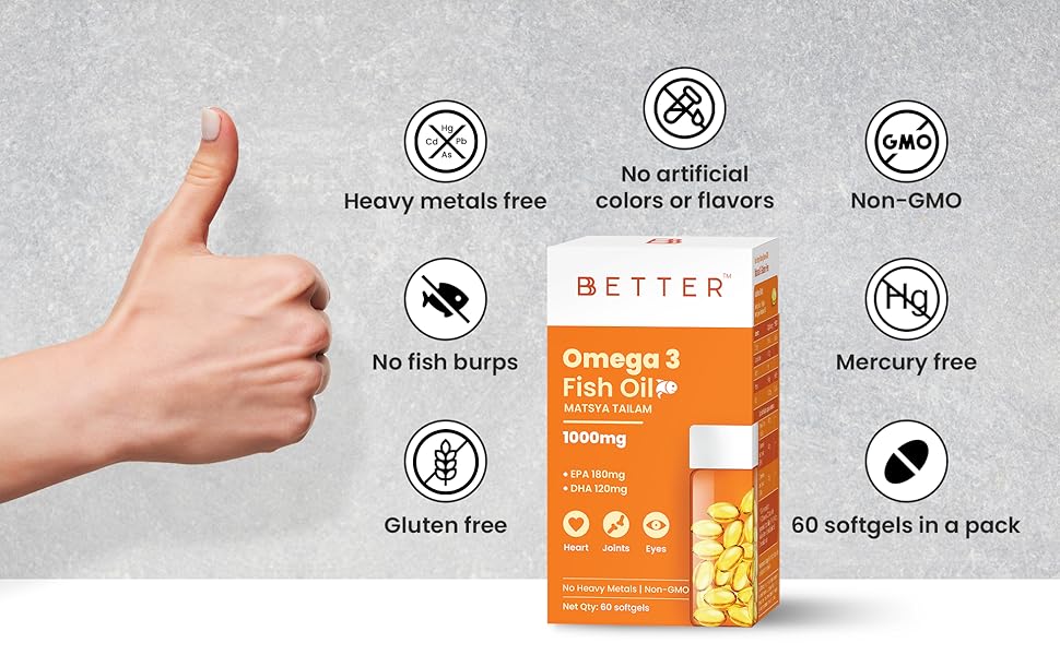 BBETTER Omega 3 Fish Oil 1000mg High Strength for Healthy Heart, Brain