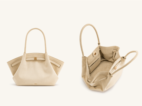 Beige handbag shown from two angles. Features structured shape, top handles, and a bow detail. Interior view reveals multiple compartments.