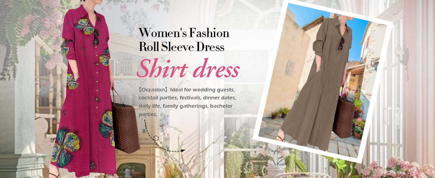 Women Trendy Rolled Up Sleeve Plus Size Shirt Dress Button Down Ankle Length