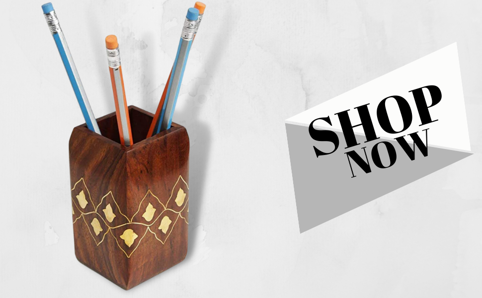 Pencil Holder Rosewood Handmade With Brass Inlay Pen Stand