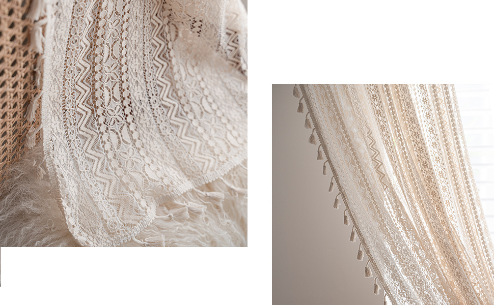 JOOJA 2 Panels Boho Windows Sheer Curtains Crochet Vintage