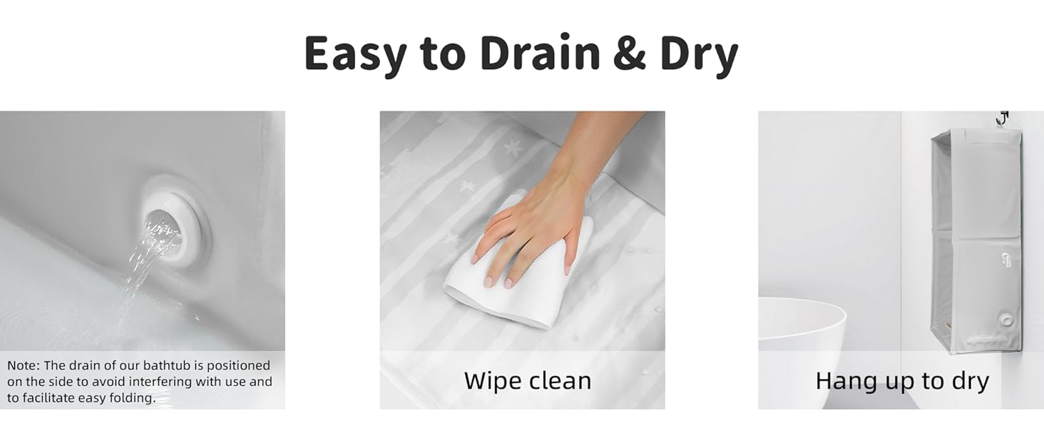 This foldable bathtub drains quickly and can wipe-dry or just hang up to air dry