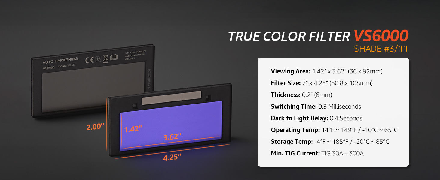 Iconic Weld VS6000 auto-darkening filter with shade 3–11 and key features.