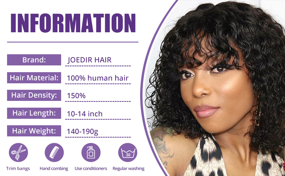 JOEDIR HAIR Short Curly Wig with Bangs 10 inch Water Wave Human Hair