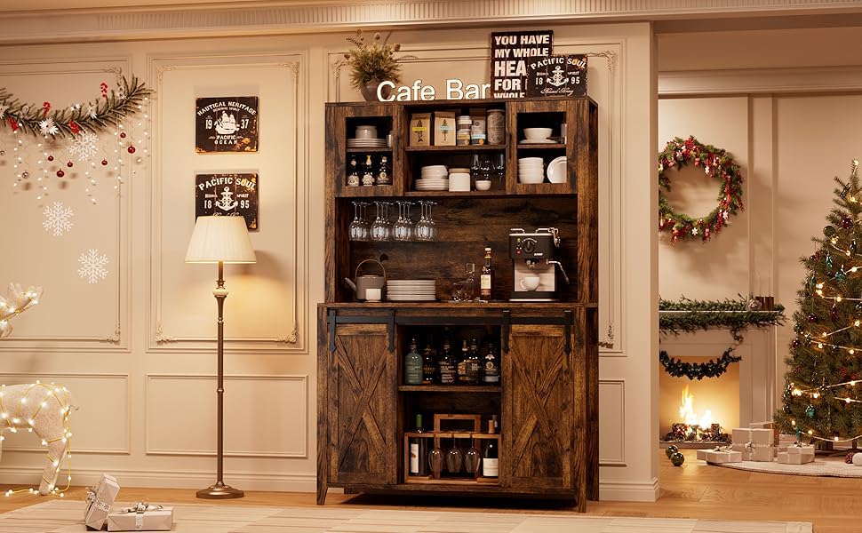 Wine Coffee Bar Cabinet with Storage Hutch Tall Kitchen Pantry Liquor Cabinet farmhouse