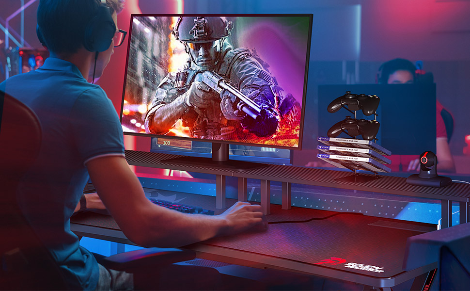 SEVEN WARRIOR Gaming Desk 55INCH with LED Strip & Power Outlets,Carbon Fiber Surface