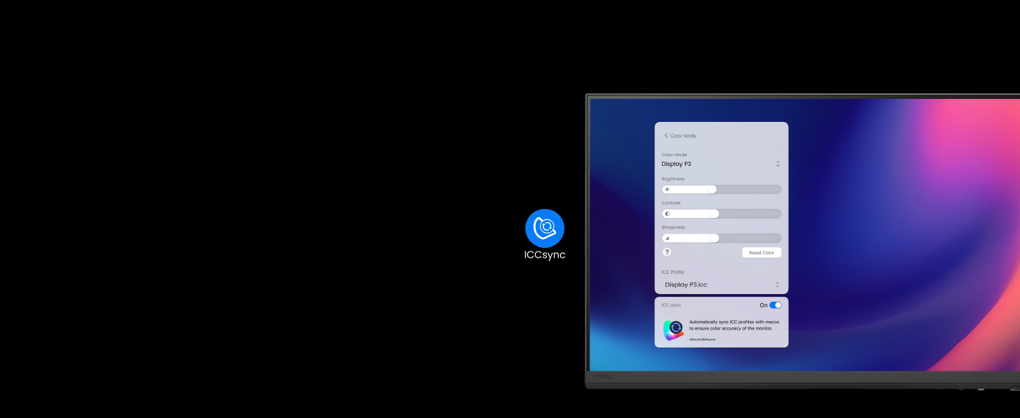 ICCsync auto-syncs ICC profiles between Mac and BenQ monitors when switching color modes.
