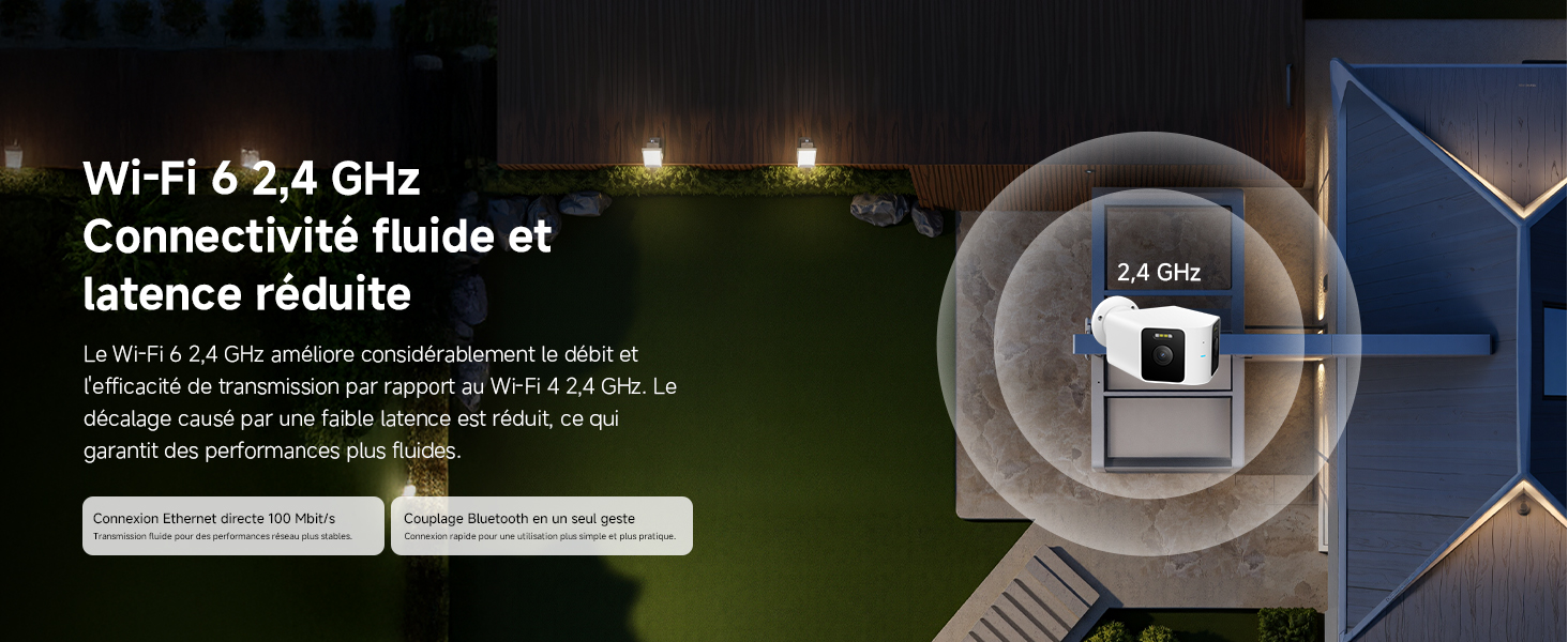 Le texte indique « Wi-Fi PX4 GHz » et « latence réduite ». Images promotionnelles sombres montrant les spécifications techniques avec des effets de lumière bleue.