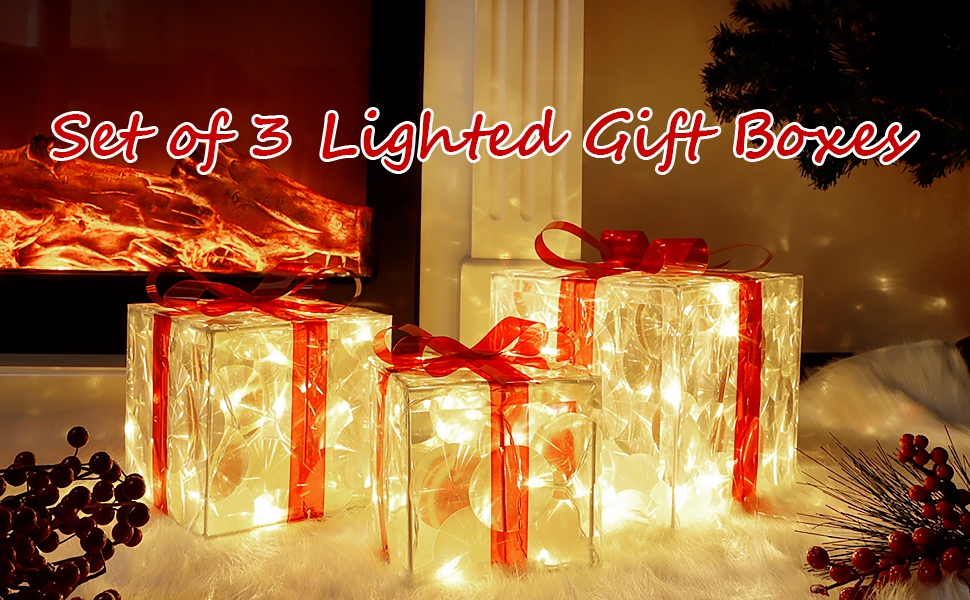 Lulu Home Christmas Lighted Boxes, Set of 3 60 LED Light Up Decor Outdoor, Light Up