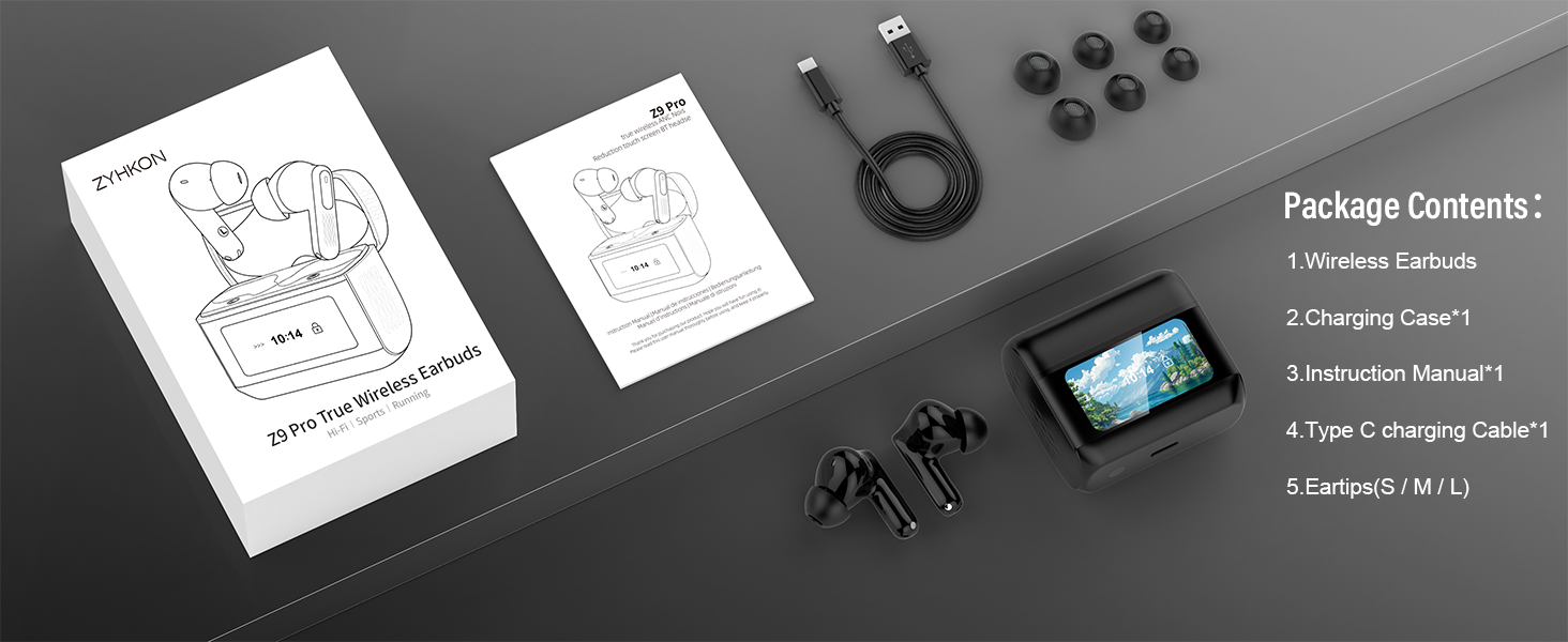Product layout showing instruction manual, electronic device with screen, and various small components against dark background.