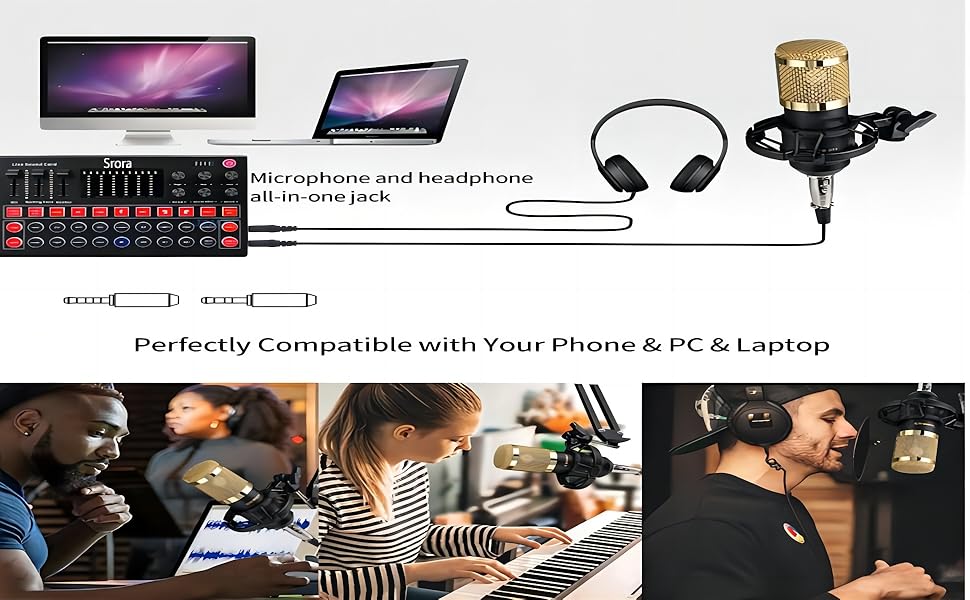 Srora Podcast Equipment Bundle,Audio Mixer with Sound Card Audio Interface DJ Mixer