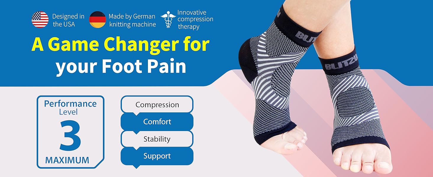 Showing BLITZU Compression Socks with advanced compression therapy, designed in the USA and crafted with German knitting technology. Offering maximum comfort, stability, and support, these socks are a game changer for foot pain relief, featuring Level 3 Performance Compression for enhanced comfort and stability.