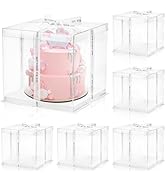 Cididu 6 Pcs Clear Cake Box with Ribbon 2-Layer 10x10x10 Inch, Transparent Cake Carrier Box with ...